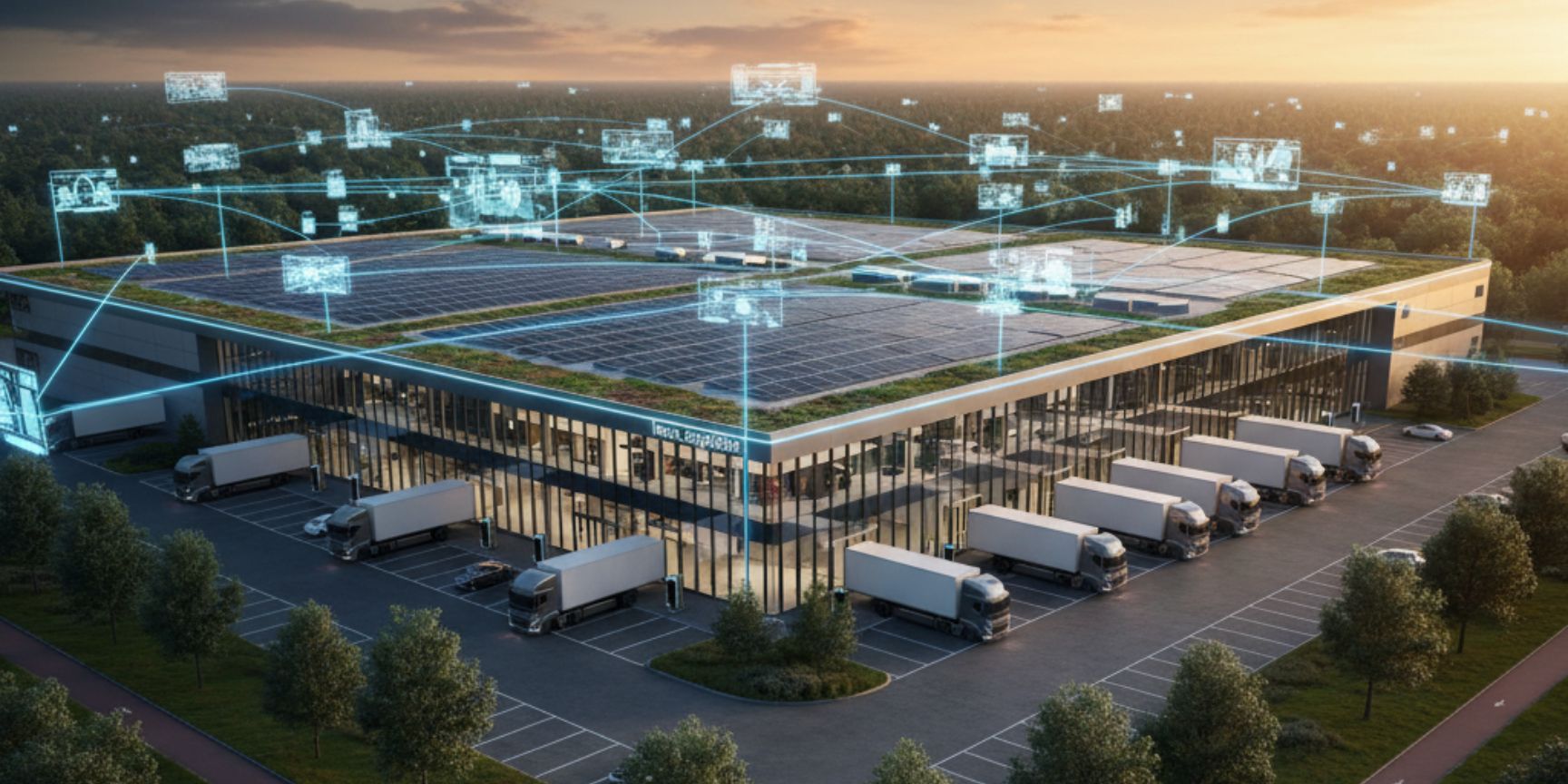 Futuristic logistics property with green roof, solar panels and e-truck charging stations at sunset, surrounded by a digital network that represents connectivity and sustainability in neo-logistics